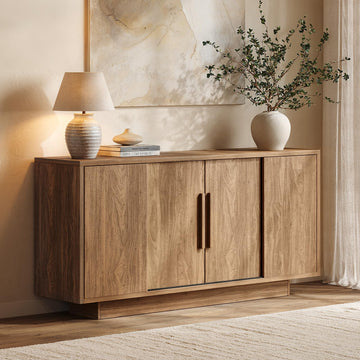 63'' Sideboard Buffet Cabinet with 4 Sliding Doors, Wood Credenza Storage Cabinet with Pedestal Base, Large Side