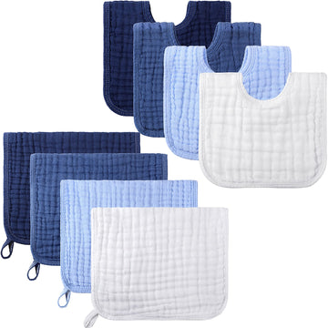 8 Pcs Baby Muslin Bibs & Burp Cloths 6 Absorbent Layer 100% Cotton Unisex Baby Bibs for Drooling and Teething
