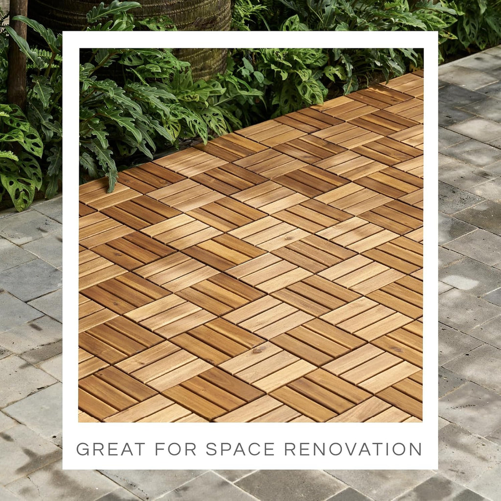 Premium Deck Tiles, Patio Flooring - Set 10 Pcs 12”x12”x0.9” Interlocking Deck Tiles, Waterproof Acacia Wood for