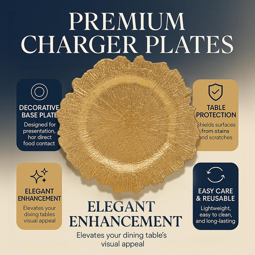 Gold Charger Plates, 13'' Reef Chargers for Dinner Plates, Gold Plate Chargers, Round Plastic - Set of 24