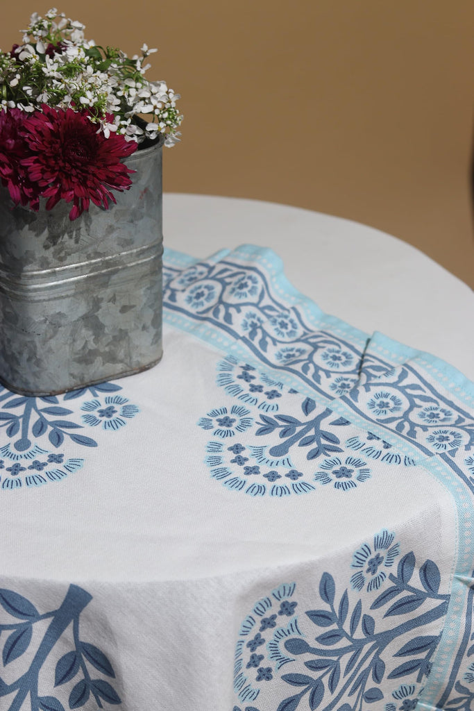 100% Organic Cotton Blue Table Cloth, Indian Block Print Table Linen for Dining, Parties, Wedding, Outdoors Home