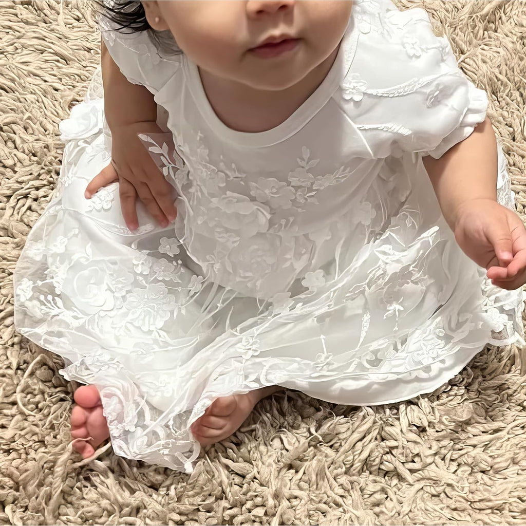 Baby Girls Christening Baptism Dress Delicate Embroideried Lace Gowns with Bonnet for Wedding Party