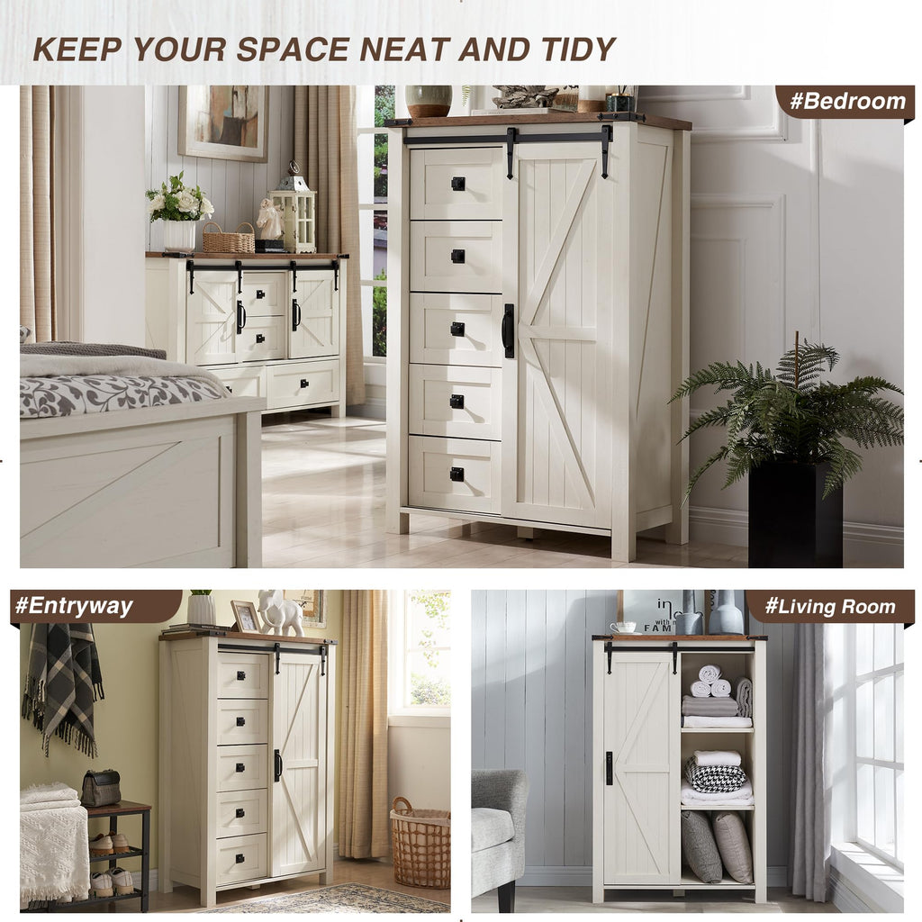 5 Drawers Dresser with Sliding Barn Doors, Antique White