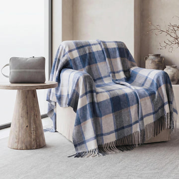 Soft Lightweight 100% Wool Blue Throw Blanket, Fringed, 55"x83"