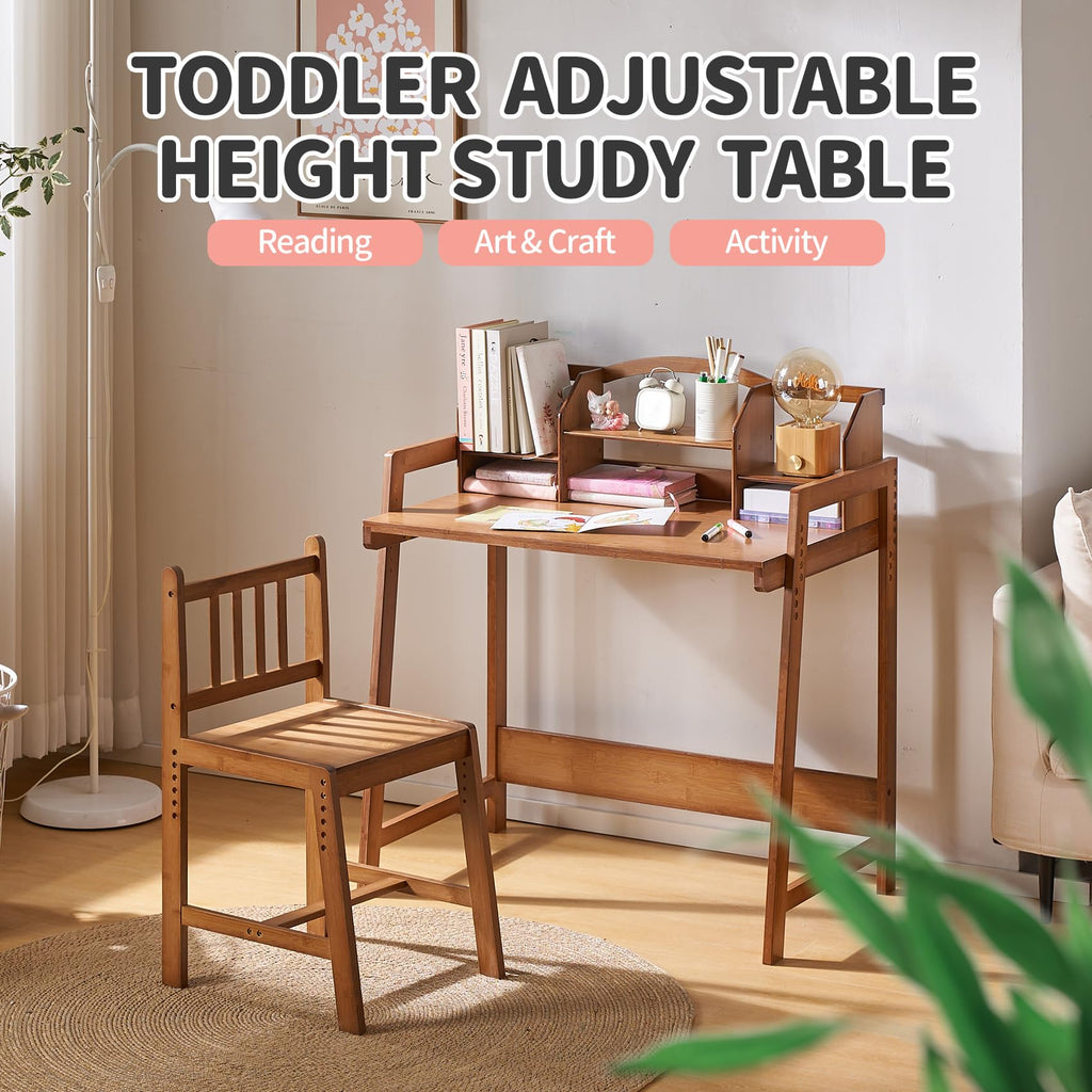 Kids Desk and Chair Set, Height Adjustable Bamboo Study Desk