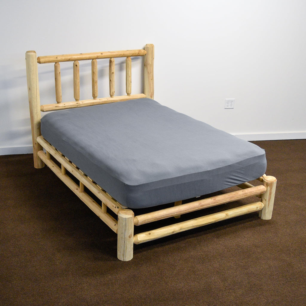 Log Platform Bed Frame with Headboard - Unfinished, Natural, Solid White Cedar Wood, No Boxspring