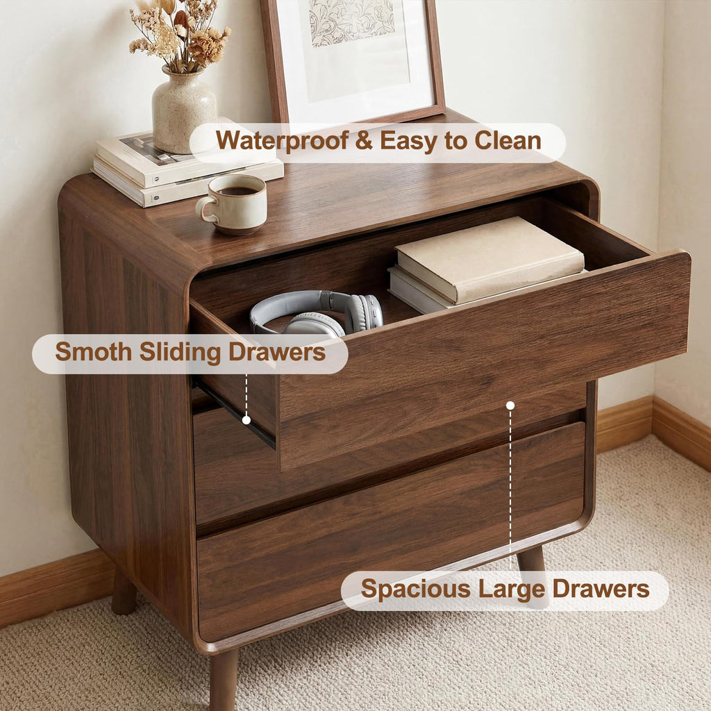 3 Drawer Dresser, Mid Century Modern Chest of Drawers, Curved Dresser with Storage Drawer, Wooden Bedroom Furniture