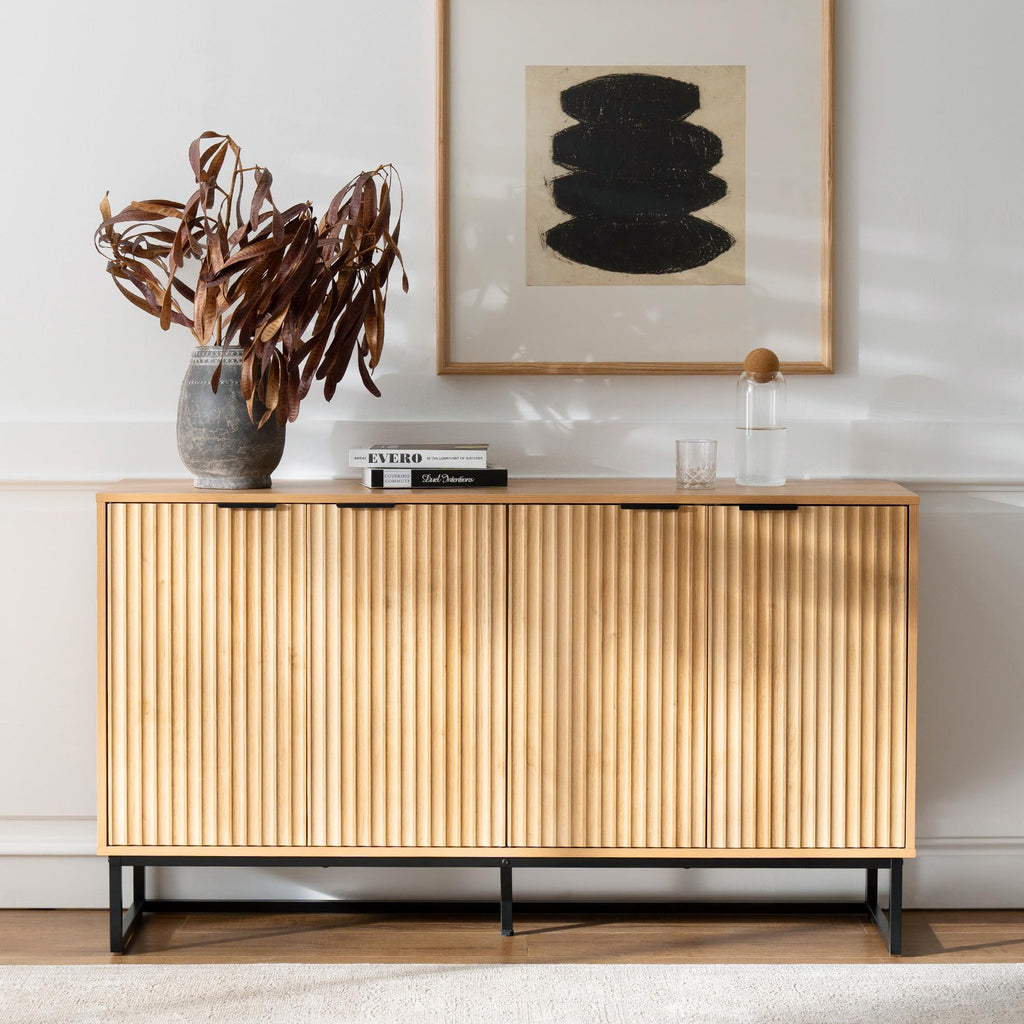 Fluted Sideboard Buffet Cabinet with 4 Doors, Modern Accent Storage Cabinet with Adjustable Shelves, Boho Console