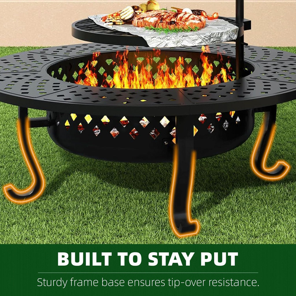 43 Inch Fire Pit with 2 Grill, Outdoor Wood Burning Firepit with Lid, Metal Round Table