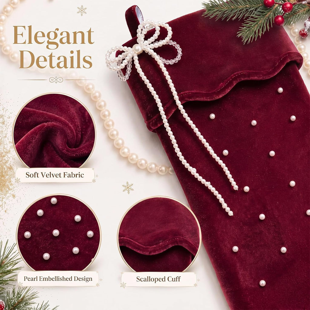 Inch Red Velvet Christmas Stockings with Pearl, Bow - Set of 2