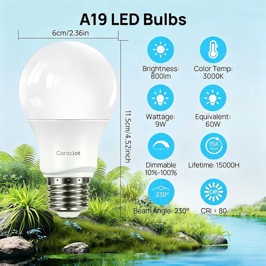 A19 LED Light Bulbs Dimmable, 60W Equivalent, 3000K, 5 Packs