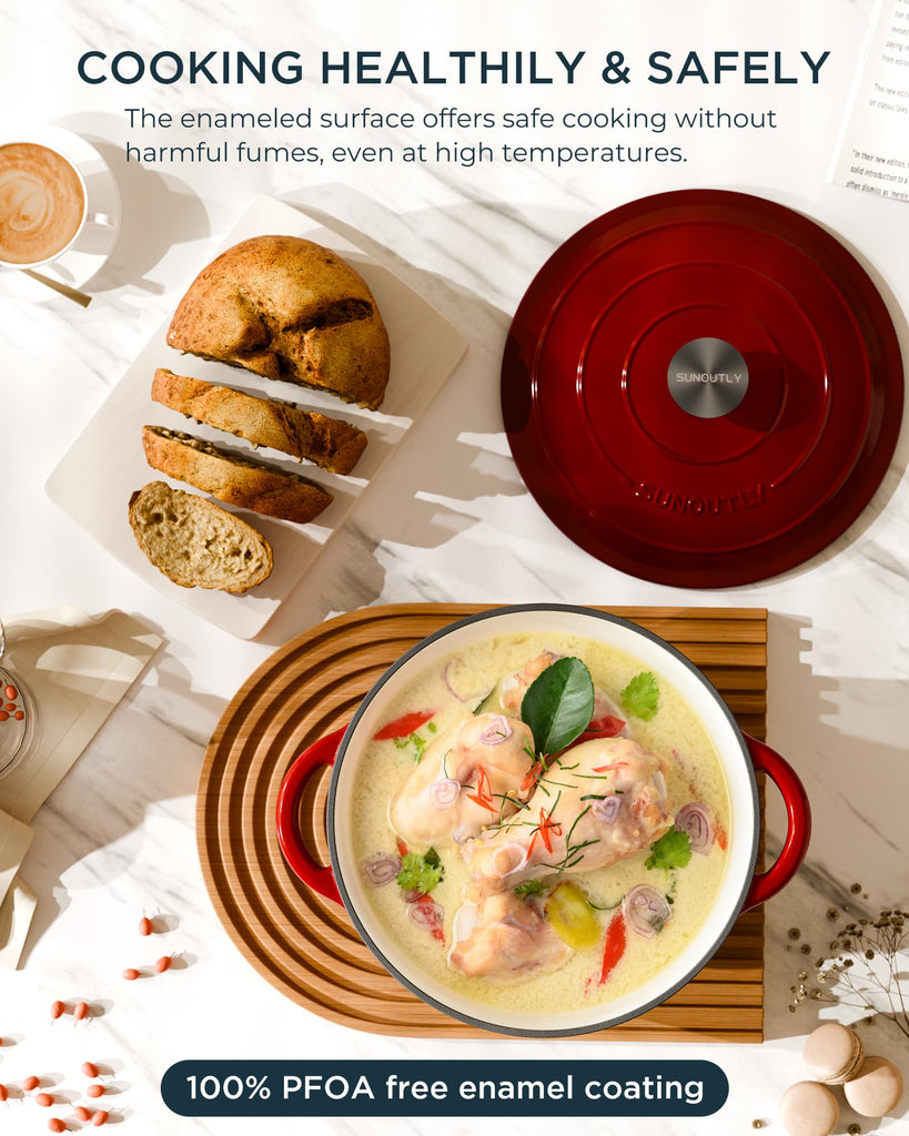 Enameled Cast Iron Dutch Oven, 6QT Pot with Lid, Cherry Red