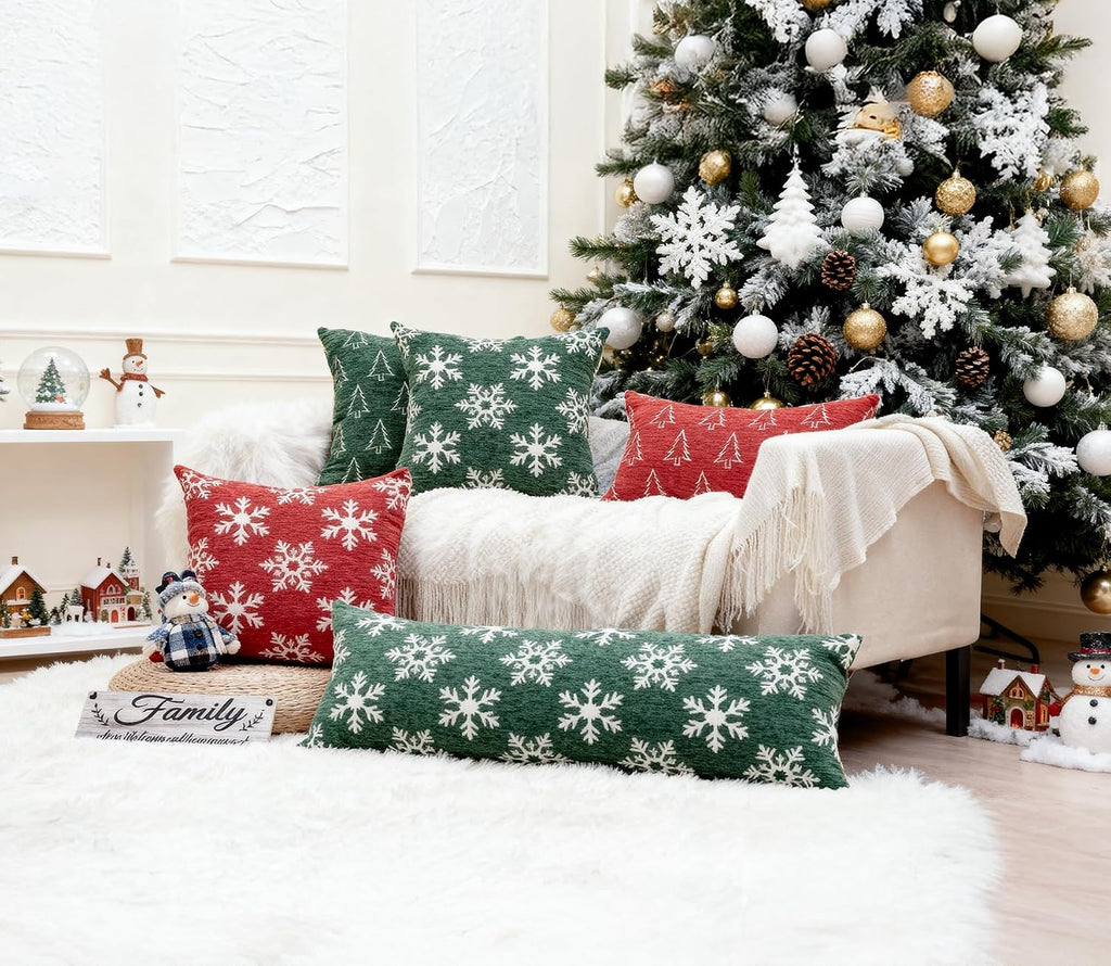 Soft Chenille Christmas Reversible Throw Pillow Covers 12x20, Holiday Double-Sided Snowflake & Tree Cushion - Set of 2