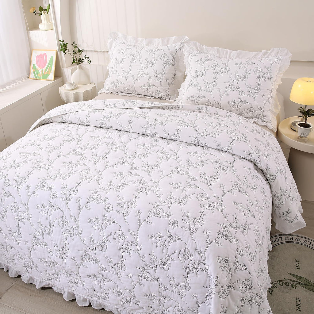 Romantic Ruffled Floral Embroidered Quilt Set White 100% Cotton Bedspread with 2 Ruffle Pillow Shams