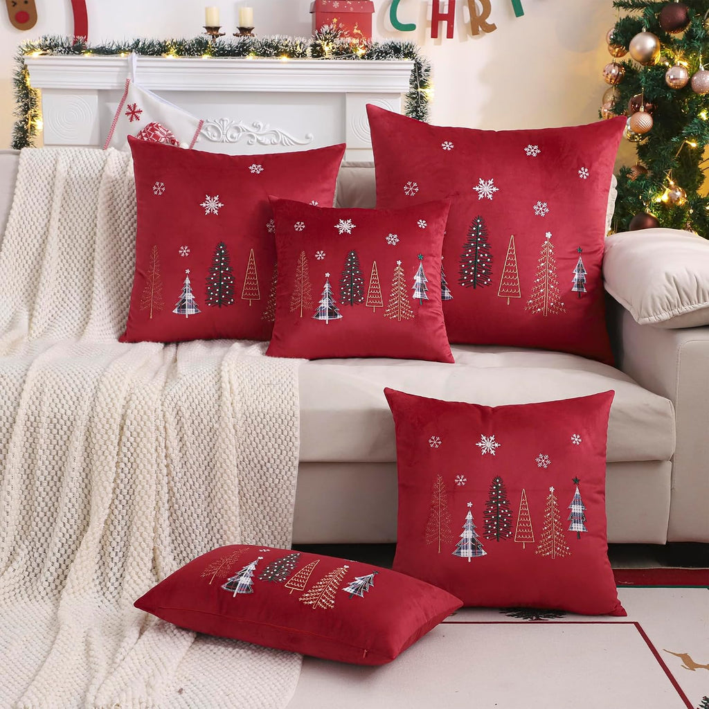 Christmas Throw Pillow Covers 16x16 inch Red Xmas Tree - Set of 2