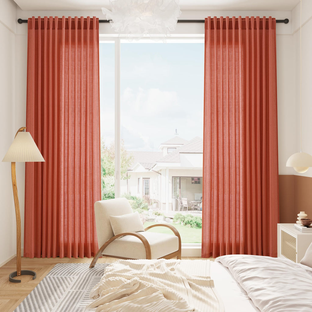 Coral Linen Curtains 102 Inches Long 2 Panel Set Back Tab Rod Pocket Semi Sheer Light Filtering Burlap Extra Long