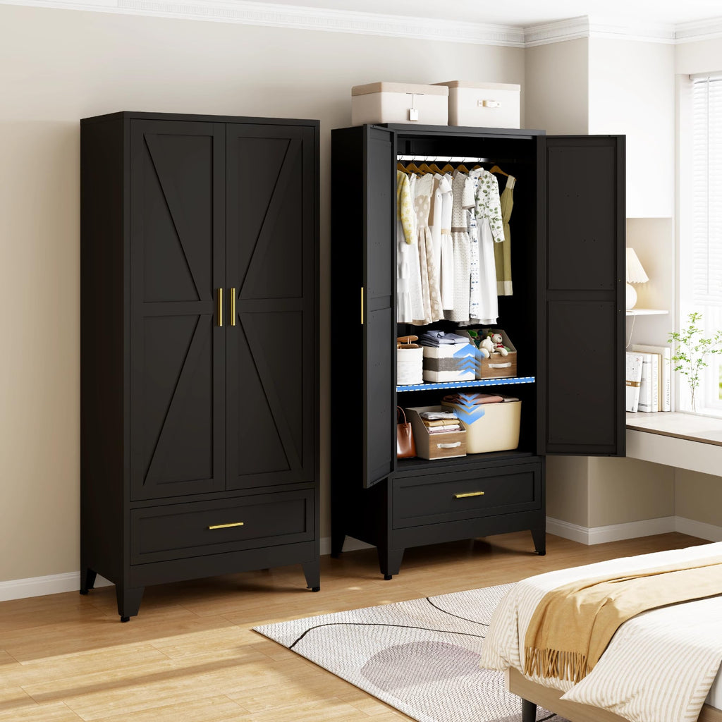 71" H Armoire Wardrobe Closet with 1 Drawer, Metal Wardrobe Closet with Doors and Adjustable Shelves, Wardrobes
