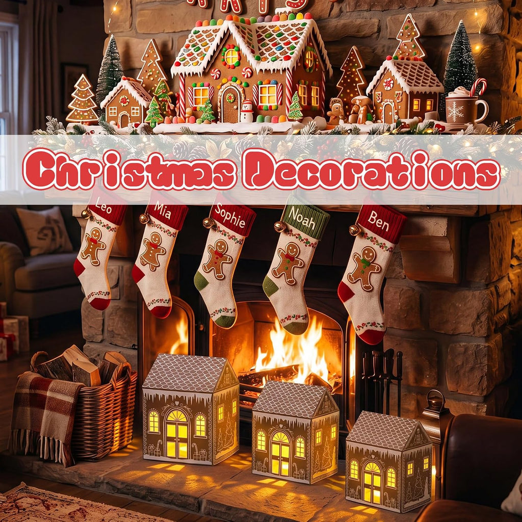3 Set Gingerbread House Lighted Gift Boxes for Christmas Gingerbread Village Boxes with 3 LED Lights Light Up Present