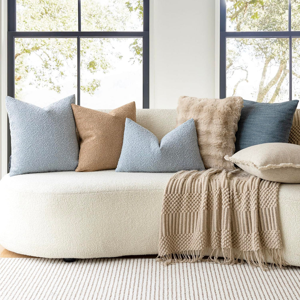 Decorative Textured Boucle Throw Pillow Covers 16x16 Light Blue