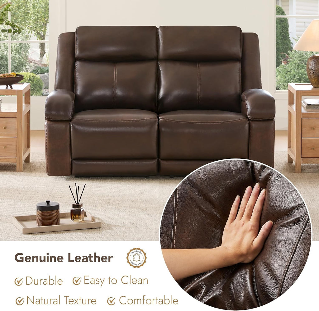 Genuine Leather Power Loveseat Recliner Sofa, 2 Seat Wall Hugger Reclining Sofa with Power Headrest & Charging Ports