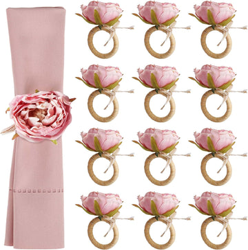 Handcraft Flower Napkin Rings, Pink Peony Napkin Holder - Set of 12