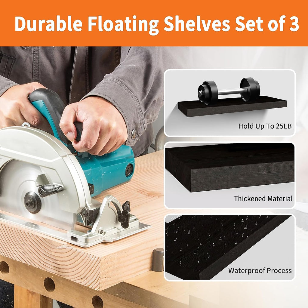 Floating Shelves for Wall Set of 3, 16 Inch Black Floating Shelves Bedroom | Smooth Black Finish, Engineered Wood