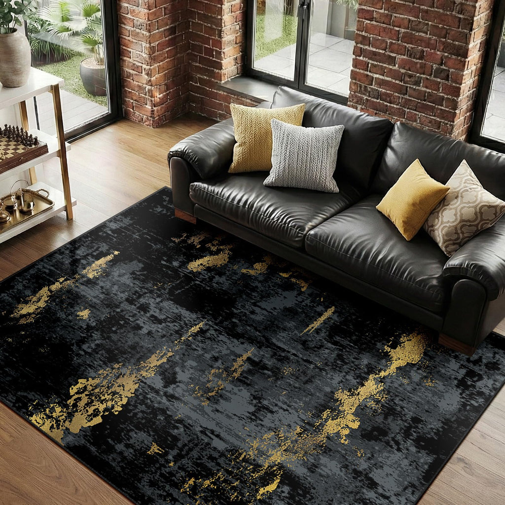 Washable 9'x12' Abstract Area Rug Black Gold
