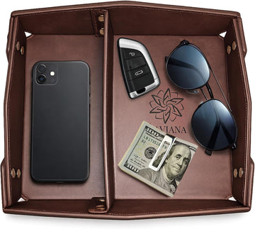 Valet Tray Organizer for Men & Women - PU Leather Catch All Tray with Removable Divider - EDC Storage for Keys - Set of 2