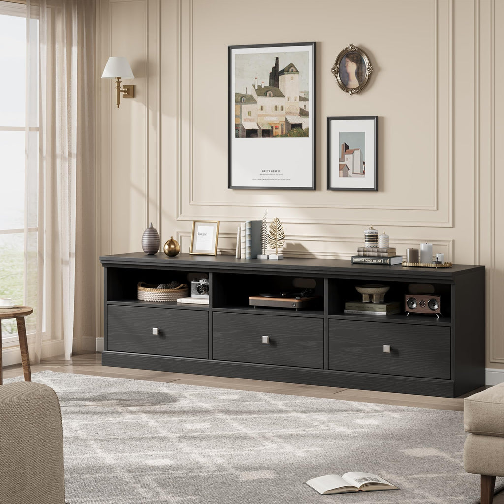 70 Inch Mid-Century Modern TV Stand for 65/70/75 in TV, Entertainment Center with 3 Storage Drawers & Open Shelves