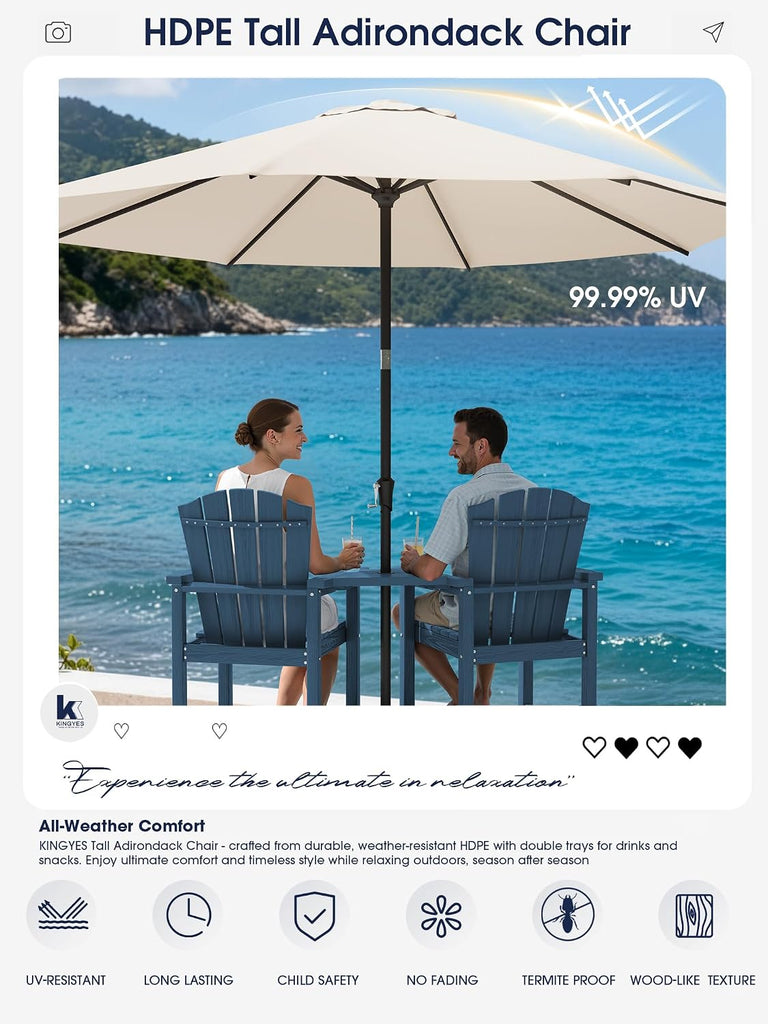 Tall Adirondack Chair Set of 2 with Double Connecting Trays, Blue | All-Weather HDPE Outdoor Adirondack Barstools