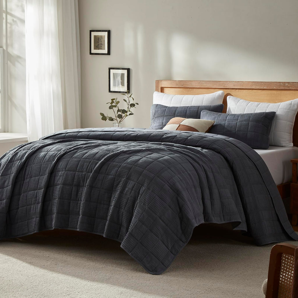 3 Pieces Quilt Set Cotton Waffle Weave Blanket 118"x106"