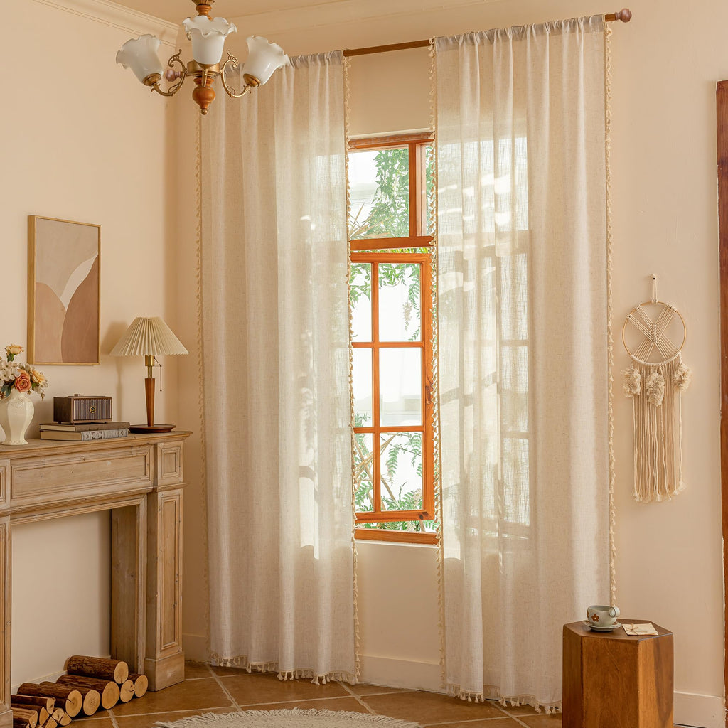 Linen Boho Curtains Bedroom, Semi Sheer Macrame Drapes 84 inches Length Farmhouse Style Back Tab Drapes for Sliding