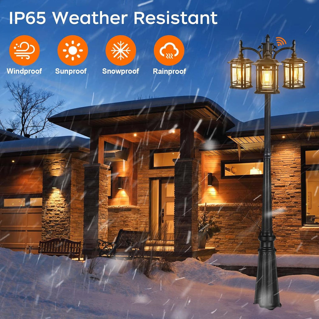 Dusk to Dawn Outdoor Lamp Post Lights, Black Light Pole with Clear Glass Panels (3 LED Bulbs Included)