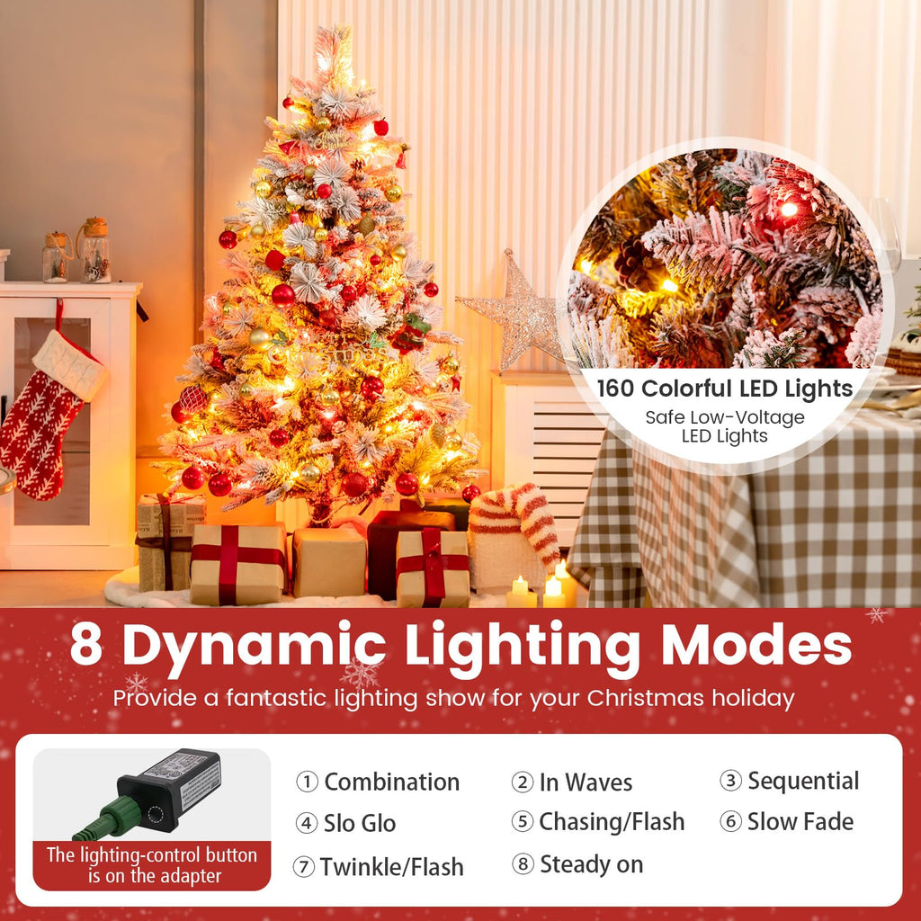4.5ft Pre-Lit Snow Flocked Christmas Tree, Artificial Hinged Xmas Tree with 160 Multi-Color LED Lights, 8 Lighting