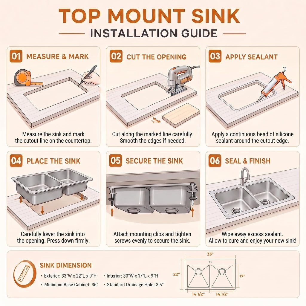 33''x22'' Drop In, 16-Gauge 50/50 Stainless Steel Double Sink 33 Inch, 9 Inch Depth Drop In Double Sinks with All