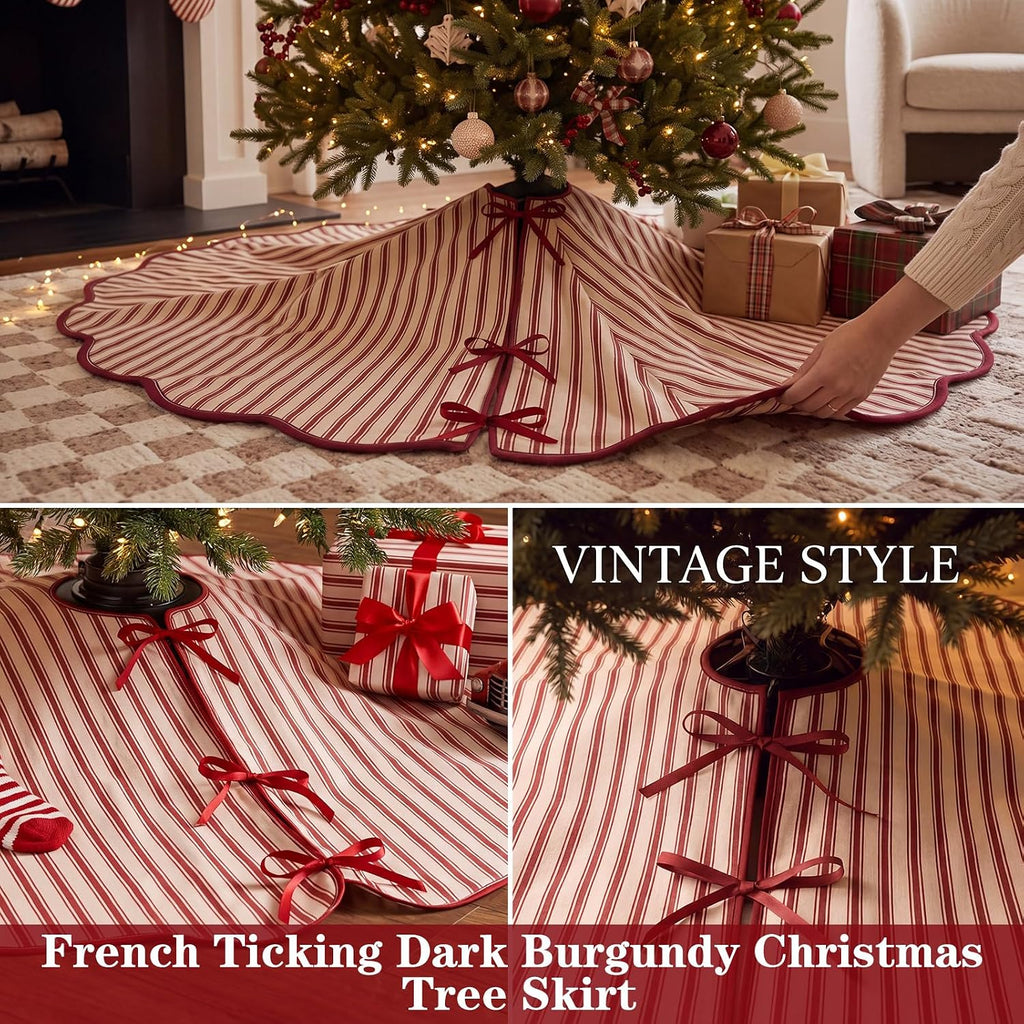 48" Dark Red Striped Christmas Tree Skirt, Primitive Xmas Tree Skirt
