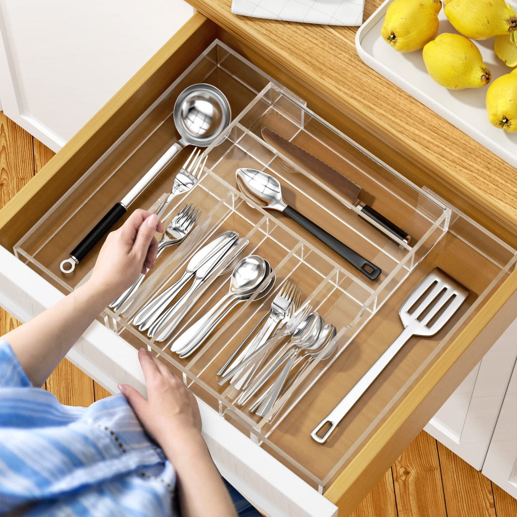 Acrylic Utensil Silverware Tray for Drawer, Clear Cutlery Organizer