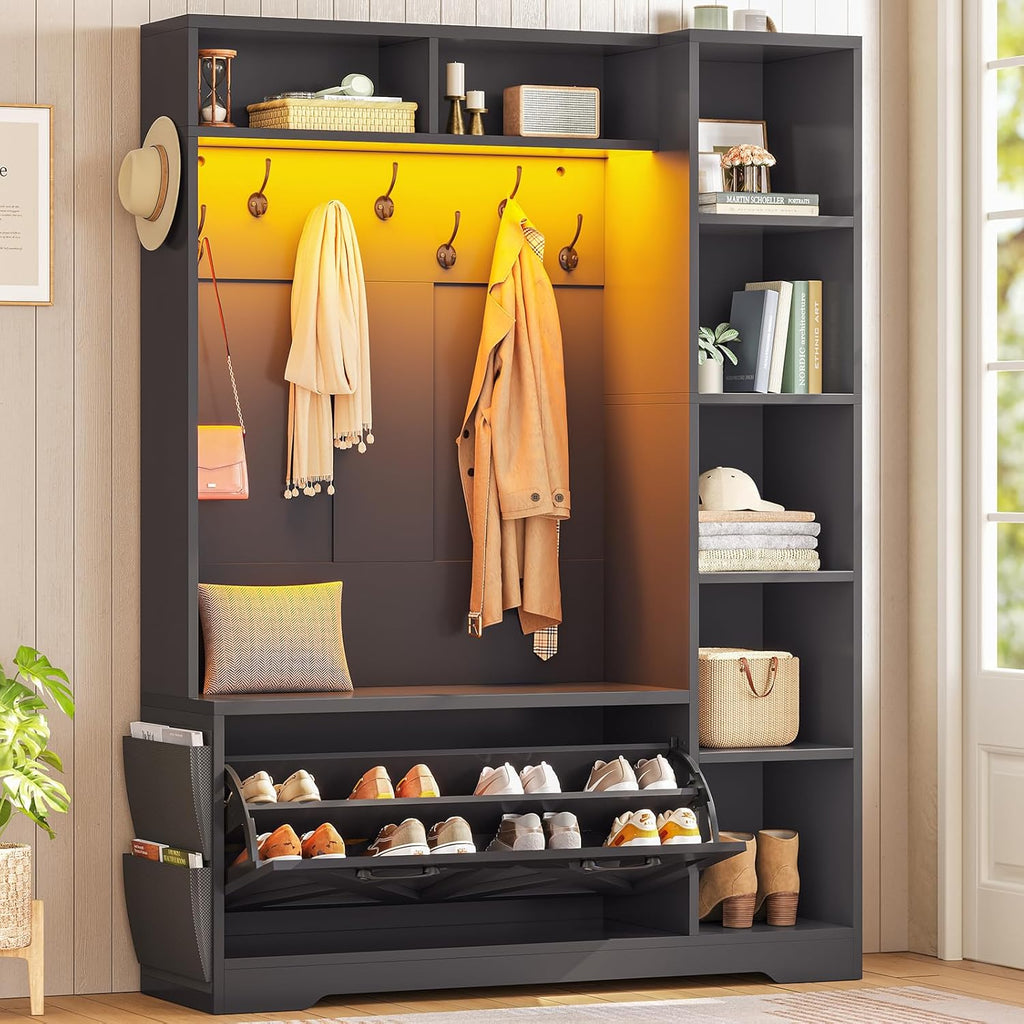 Hall Tree with Bench and Shoe Storage, Farmhouse Entryway Bench with Coat Rack, Shoe Cabinet with Flip Drawers, 7