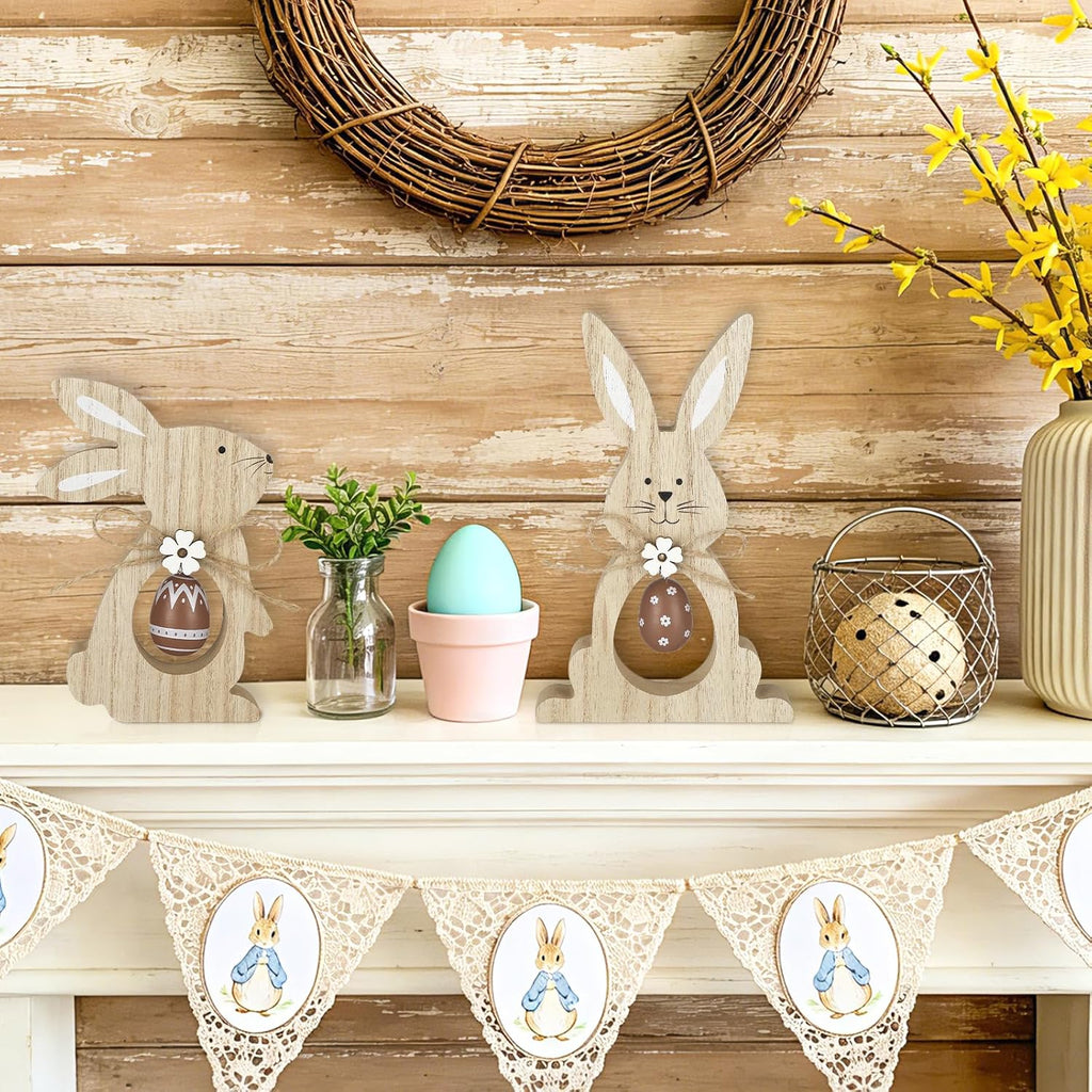 Easter Decorations Wooden Bunny Tiered Tray Decor Happy Easter Table Centerpieces Farmhouse Rabbit with Egg - Set of 2