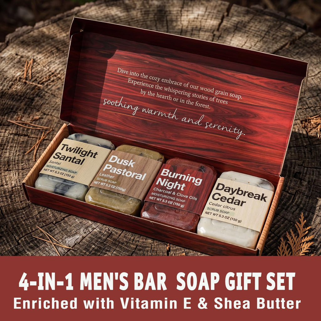 Bar Soap for Men - 4Pcs Exfoliating & Moisturizing 4-in-1 Cleansing Bar Set for Face, Body, Hands & Shave | All Skin