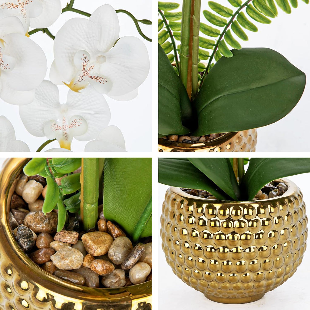 White Orchids Artificial Flowers in Gold Ceramic Pot, 15.7in