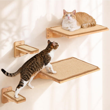 Cat Wall Shelves 4 Set, Solid Rubber Wood Shelf with Sisal Mat