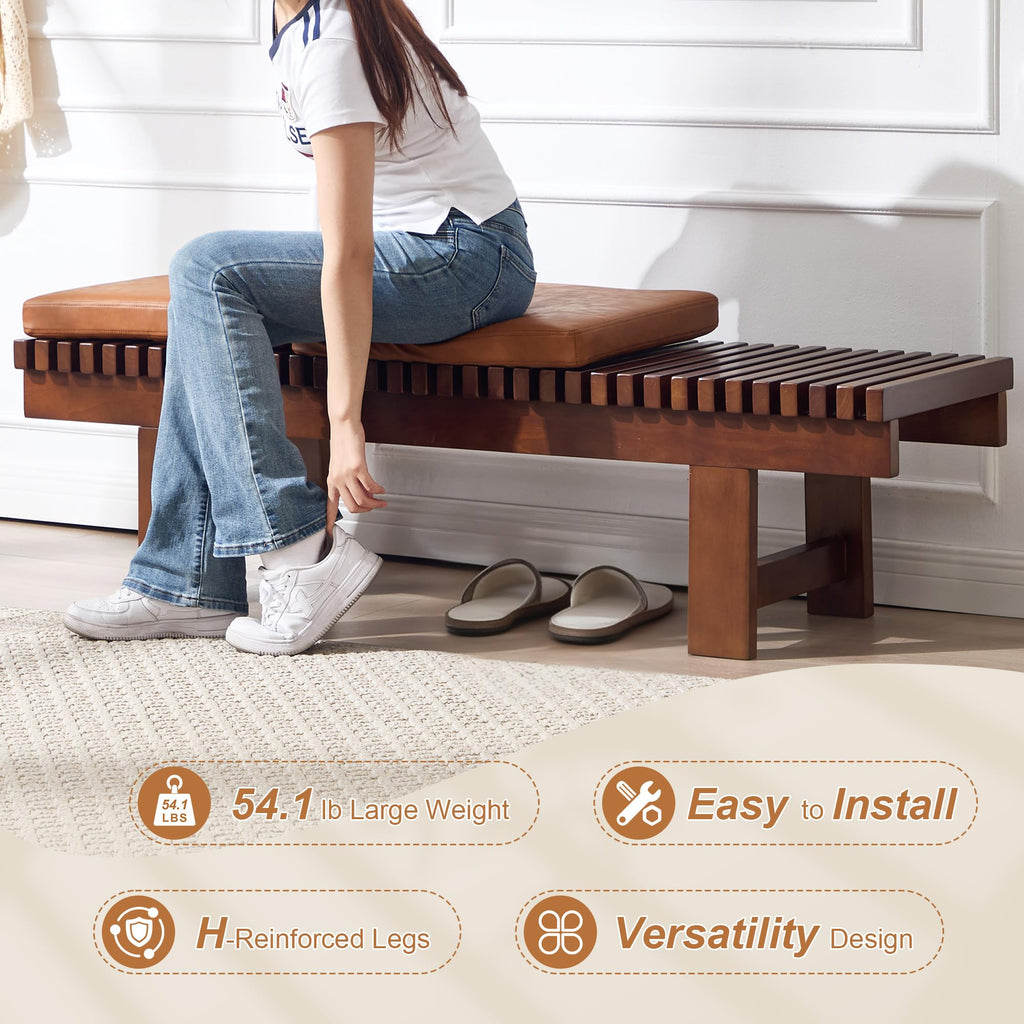 Solid Wood Entryway Bench, 59.4" End of Bed Bench with Removable Cushions & Wooden Legs, Farmhouse Indoor Bench