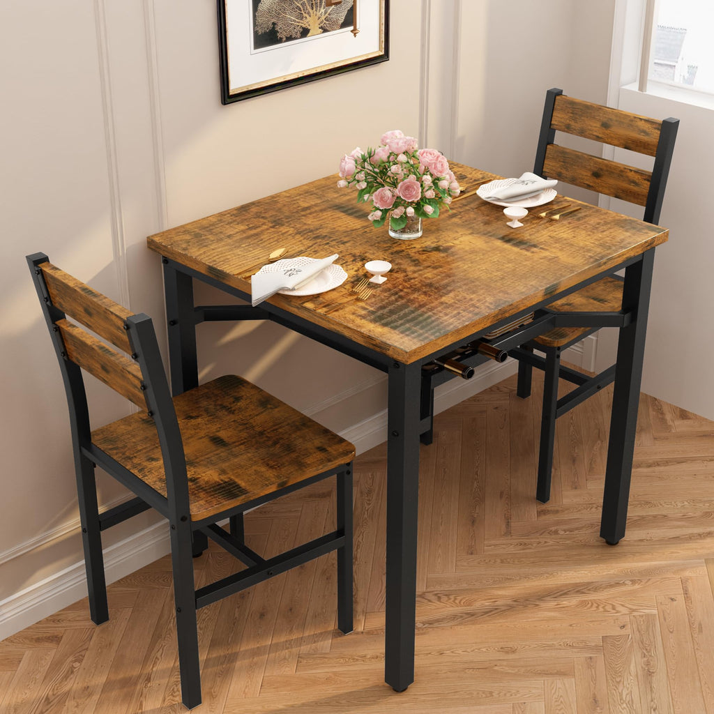3 Piece Dining Table Set for 2, Small Wooden Kitchen Table with Storage, Farmhouse Square Dinette Set, Breakfast