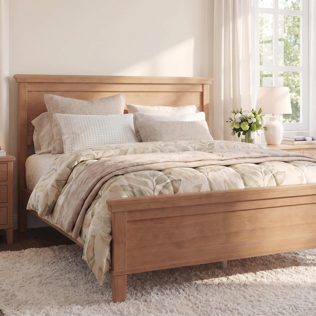 Wood Platform Bed Frame with Headboard, Farmhouse Style