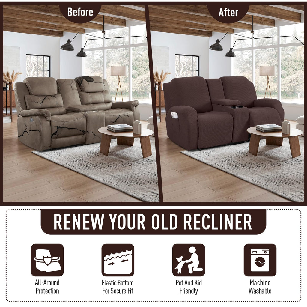 Stretch Loveseat Recliner Cover with Middle Console, Dark Coffee