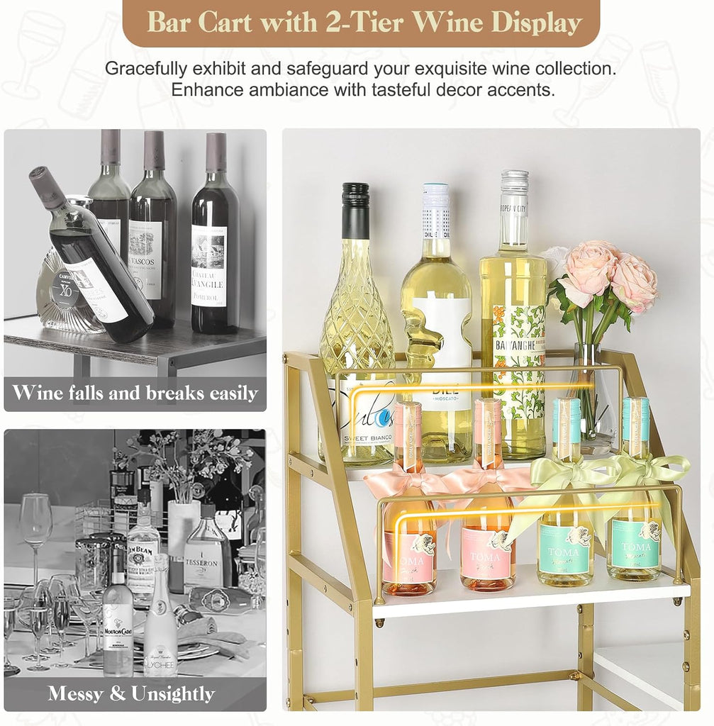 Gold Bar Cart With Wine Glass Holder, Stand , Small Mini Bar for Whiskey Wine, Liquor Cart, Alcohol Cabinet