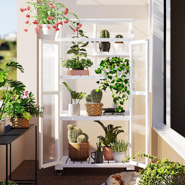 62" H Indoor Wood Greenhouse, Balcony Large Cold Frame with Wheels and Adjustable Shelves for Outdoor Indoor Use
