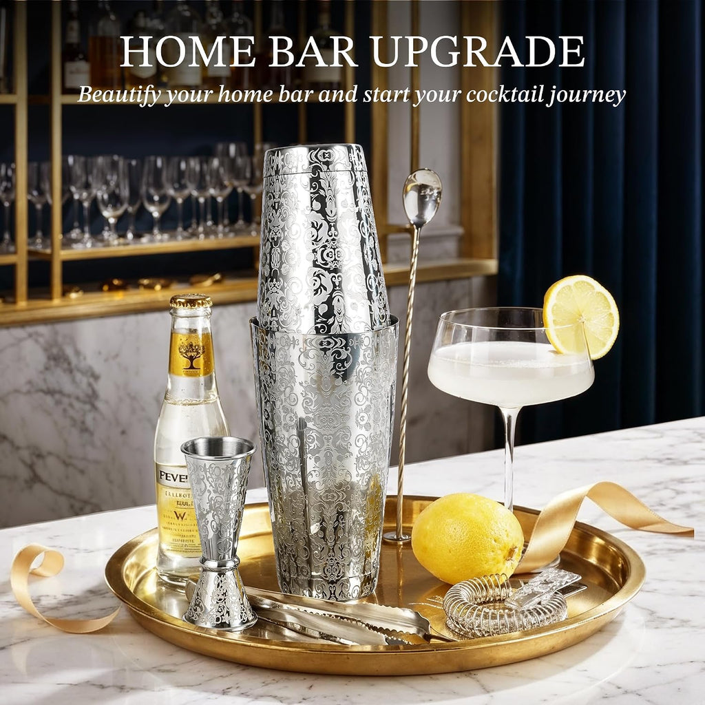 Etched Boston Cocktail Shaker Set, Baroque Scroll Engraved - Set of 4