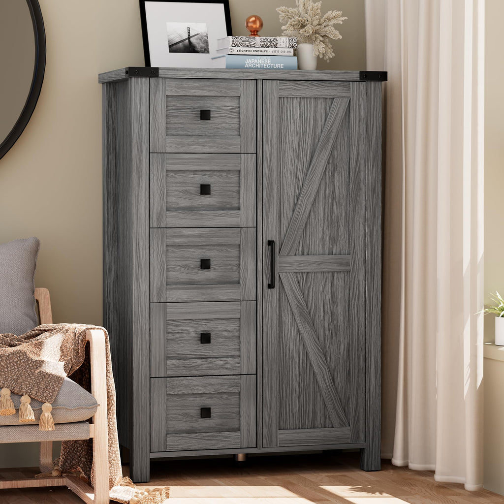 Farmhouse Dresser Storage Cabinet Chest of Drawer, 5 Drawer Dresser with Barn Door, 48 Inch Tall Grey Wood Dresser
